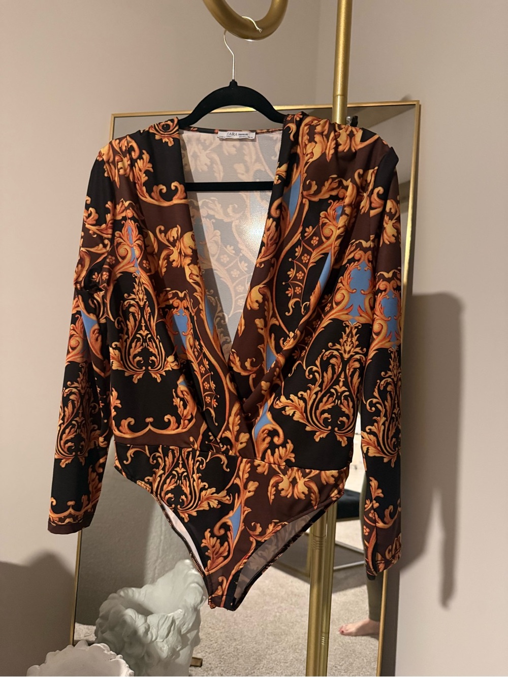 Zara Brown & Black Baroque-Print Long-Sleeve Bodysuit with Blue Accents